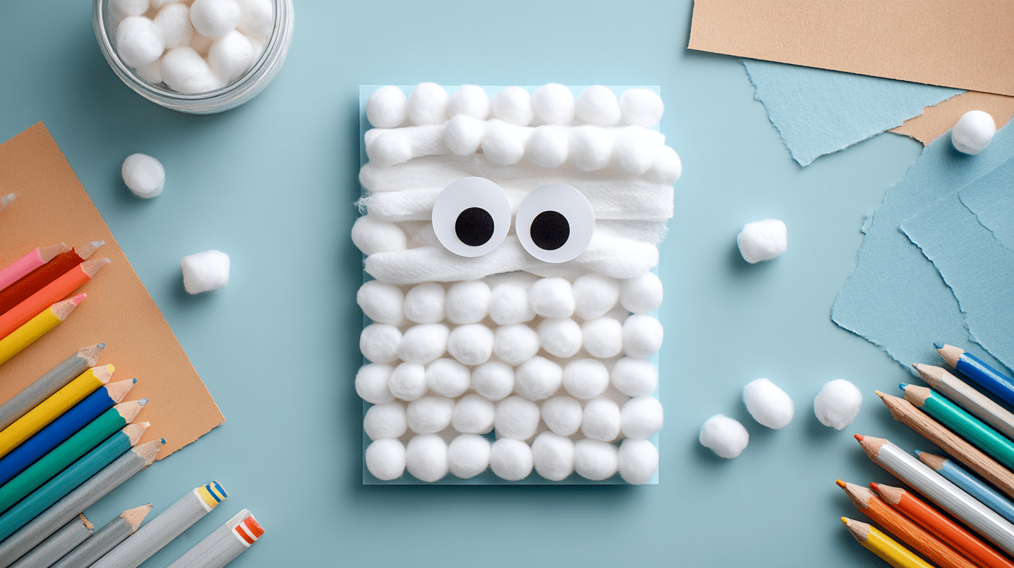 Cute mummy craft made from cotton balls glued onto paper with googly eyes peeking through, surrounded by glue sticks and paper scraps.