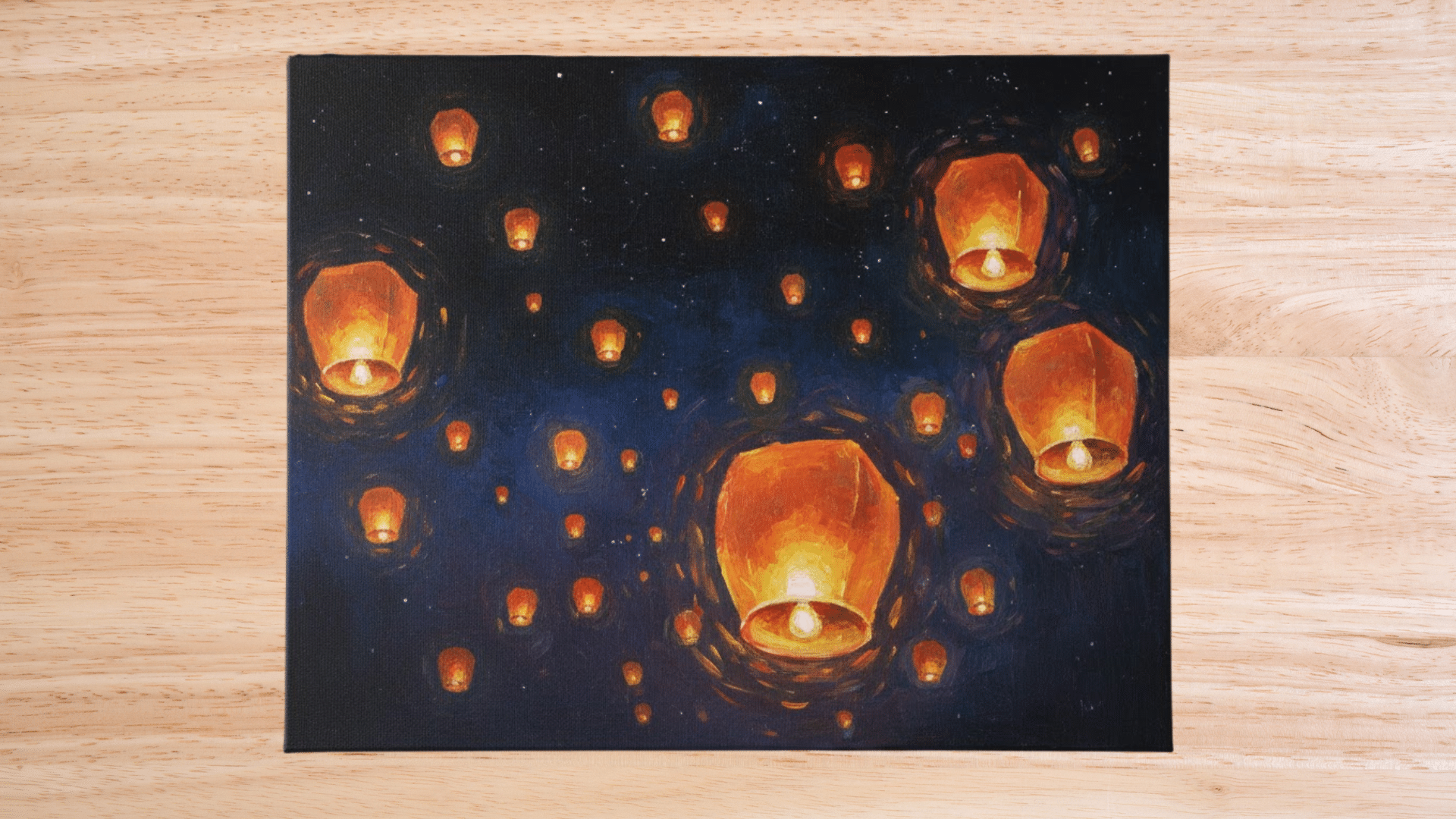 floating lanterns night sky canvas painting
