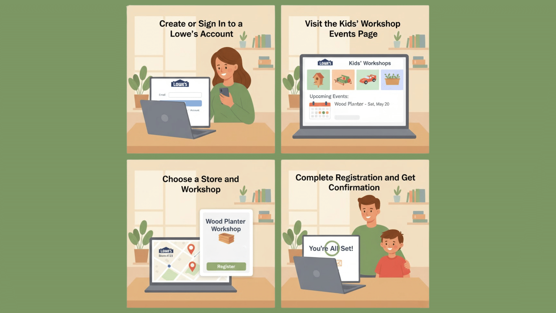 Four-step illustration showing account login, workshop page, store selection, and registration confirmation on a laptop