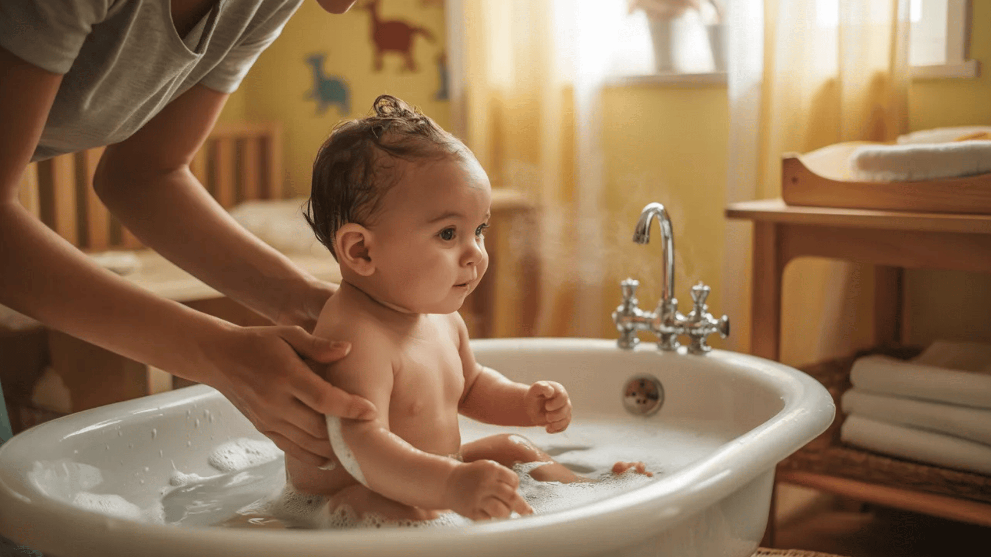A soft, warmly lit nursery scene showing a parent giving a baby a bath,