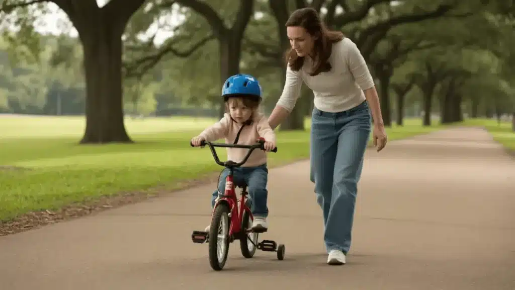 Child riding a small bicycle with training wheels on a park path while an adult walks beside providing support