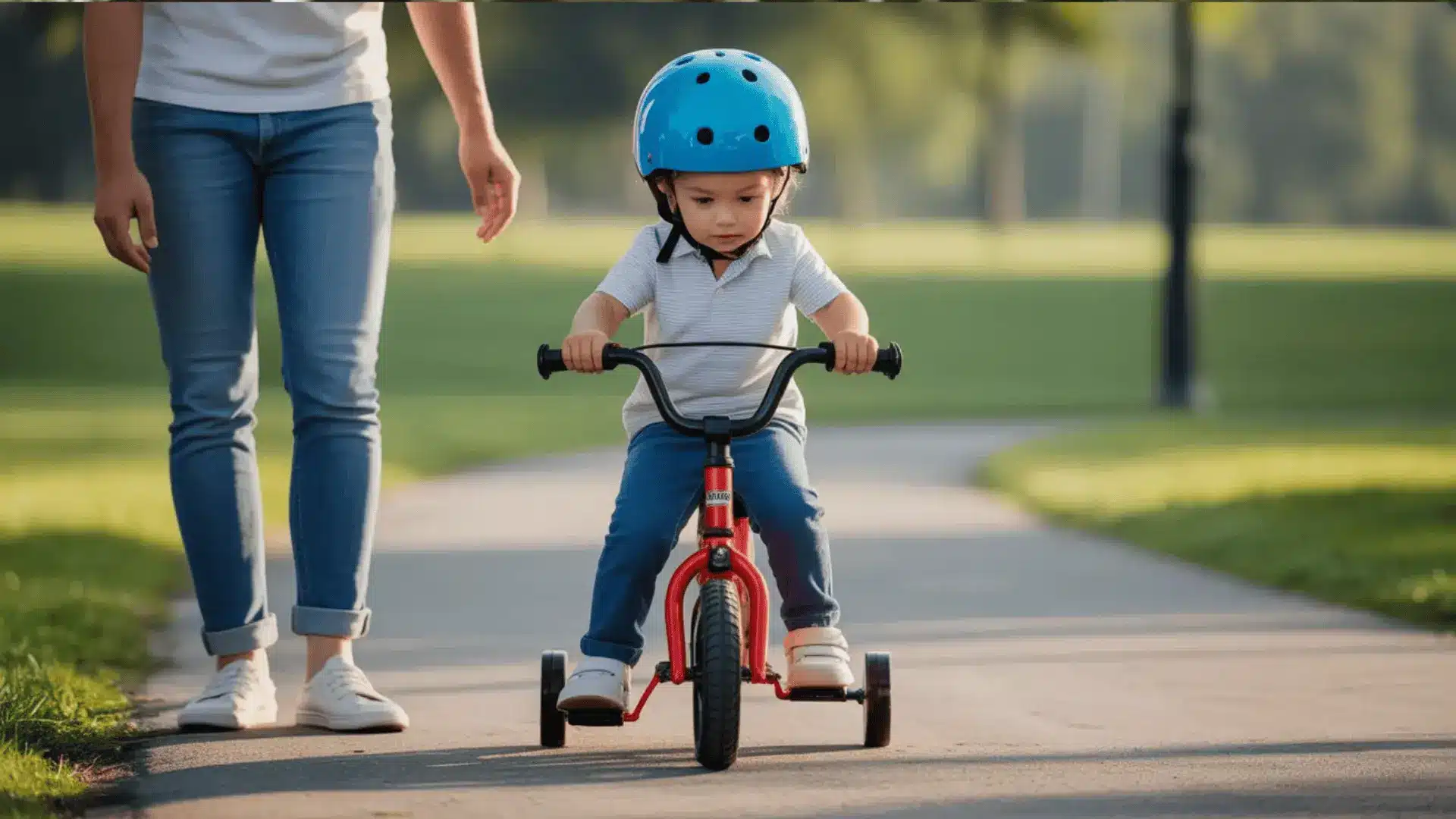 Child sitting upright on a bicycle with both feet on the ground and hands on handlebars on a flat park path