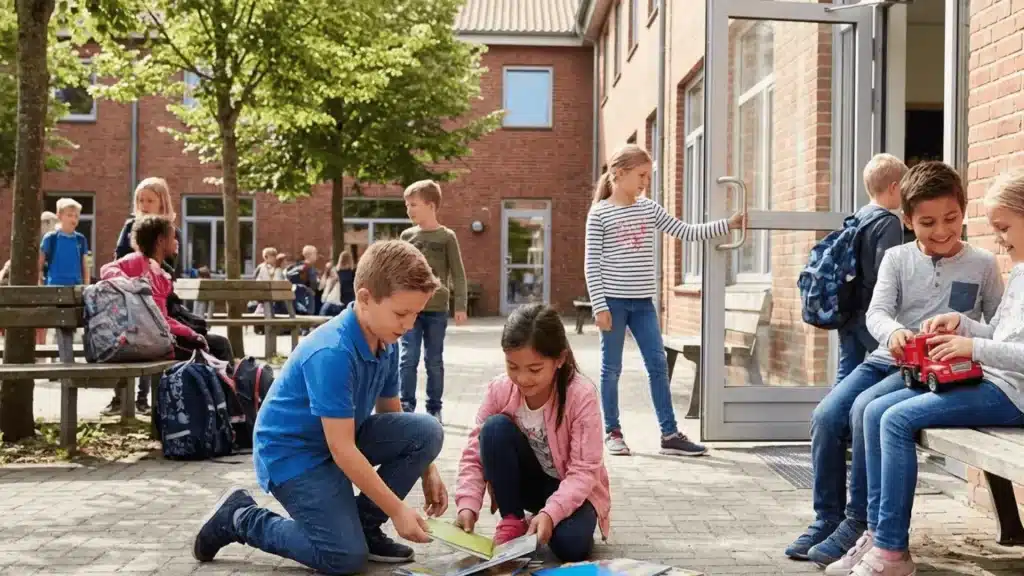 Children helping pick up books, sharing a toy, and holding a door in a school courtyard.