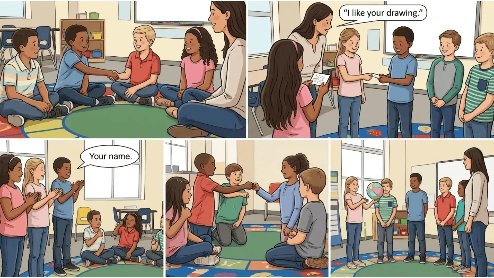 Collage showing circle greeting, compliment greeting, action greeting, gesture greeting, and ball toss greeting in a classroom.