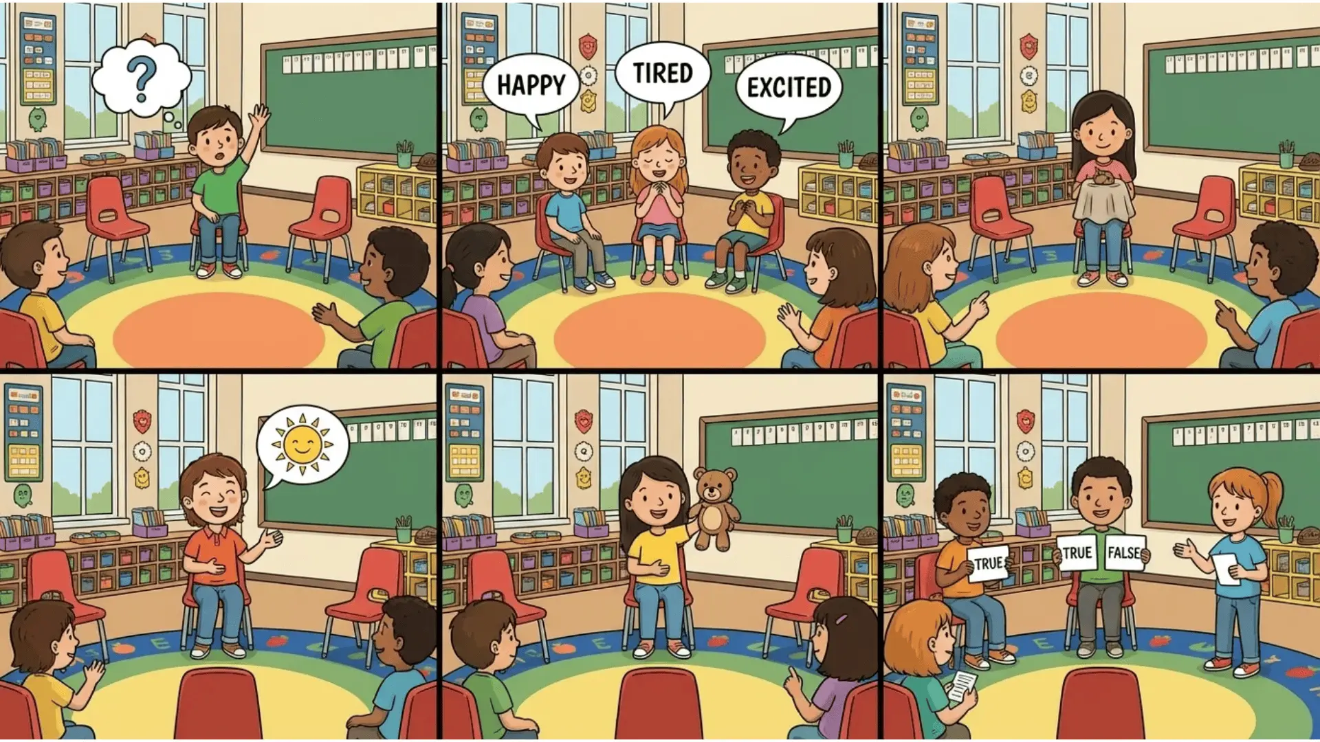 Collage showing classroom icebreaker activities including question sharing, one-word check-in, guessing game, positive sharing, and favorite item discussion.