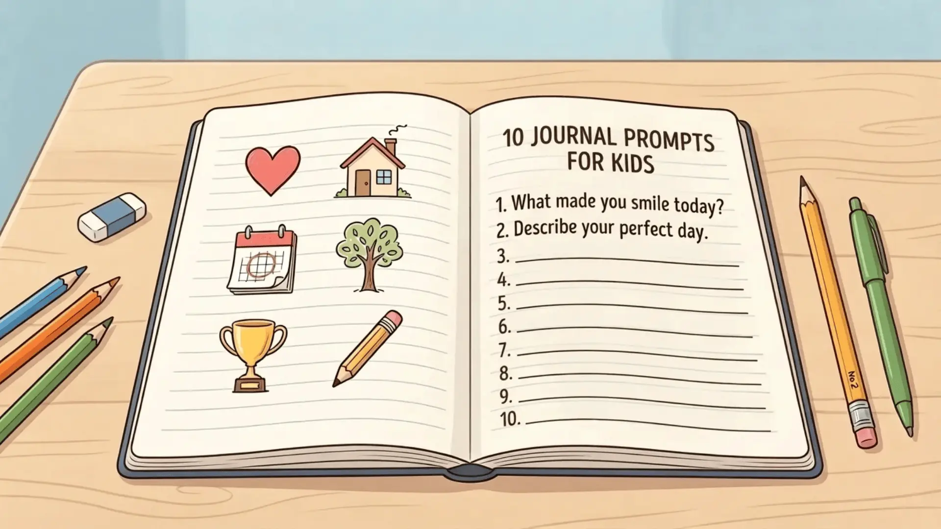 Journal notebook with drawings of a house, tree, trophy, and calendar representing personal writing prompts.