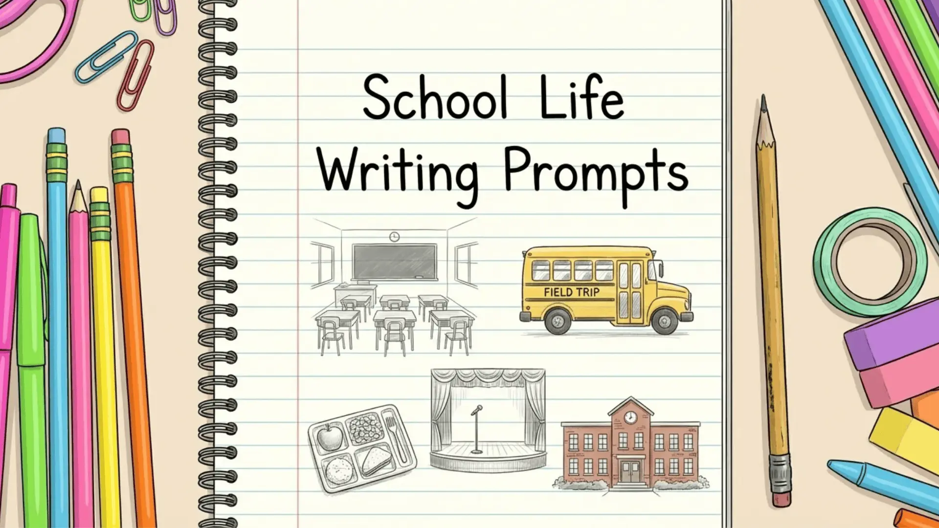 Notebook page with drawings of a classroom, school bus, lunch tray, stage, and school building for school writing prompts.