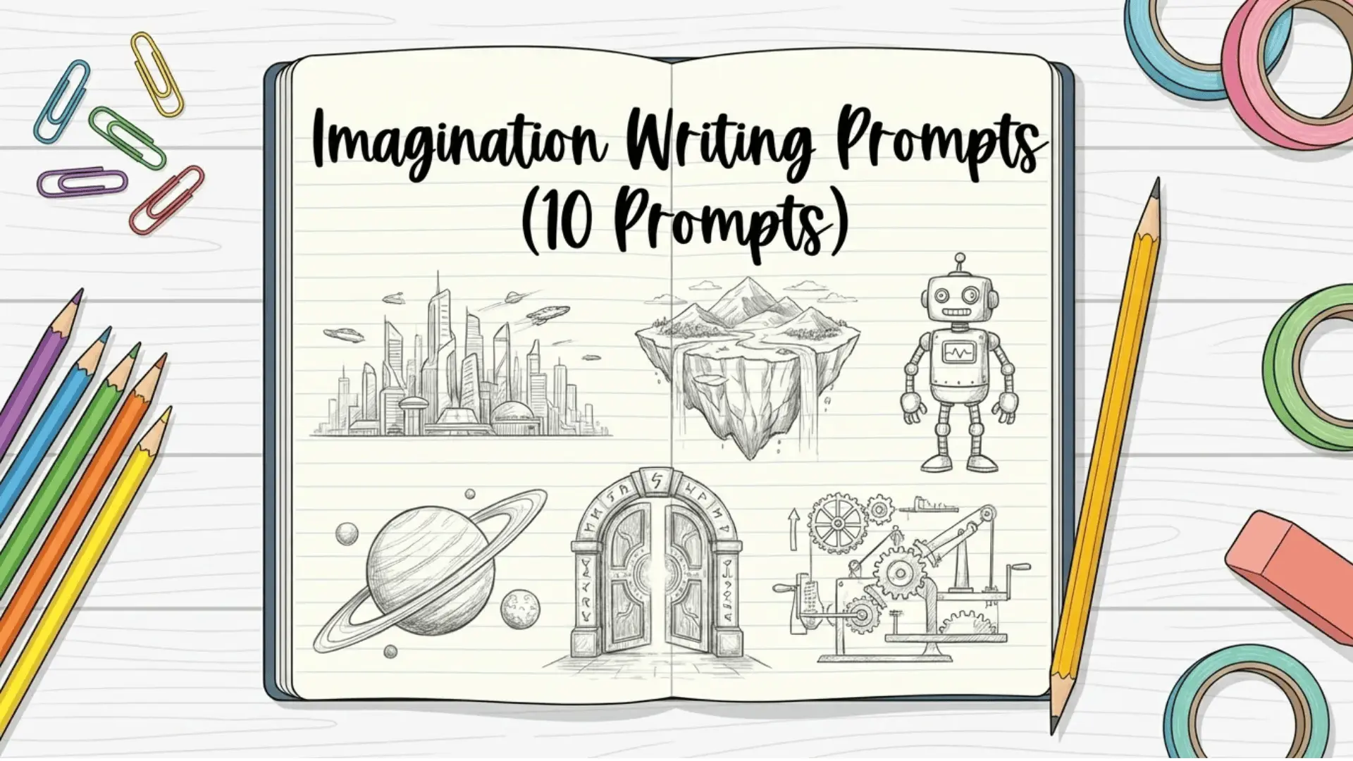 Notebook page with drawings of a robot, floating island, planet, door portal, and city for imaginative writing prompts.
