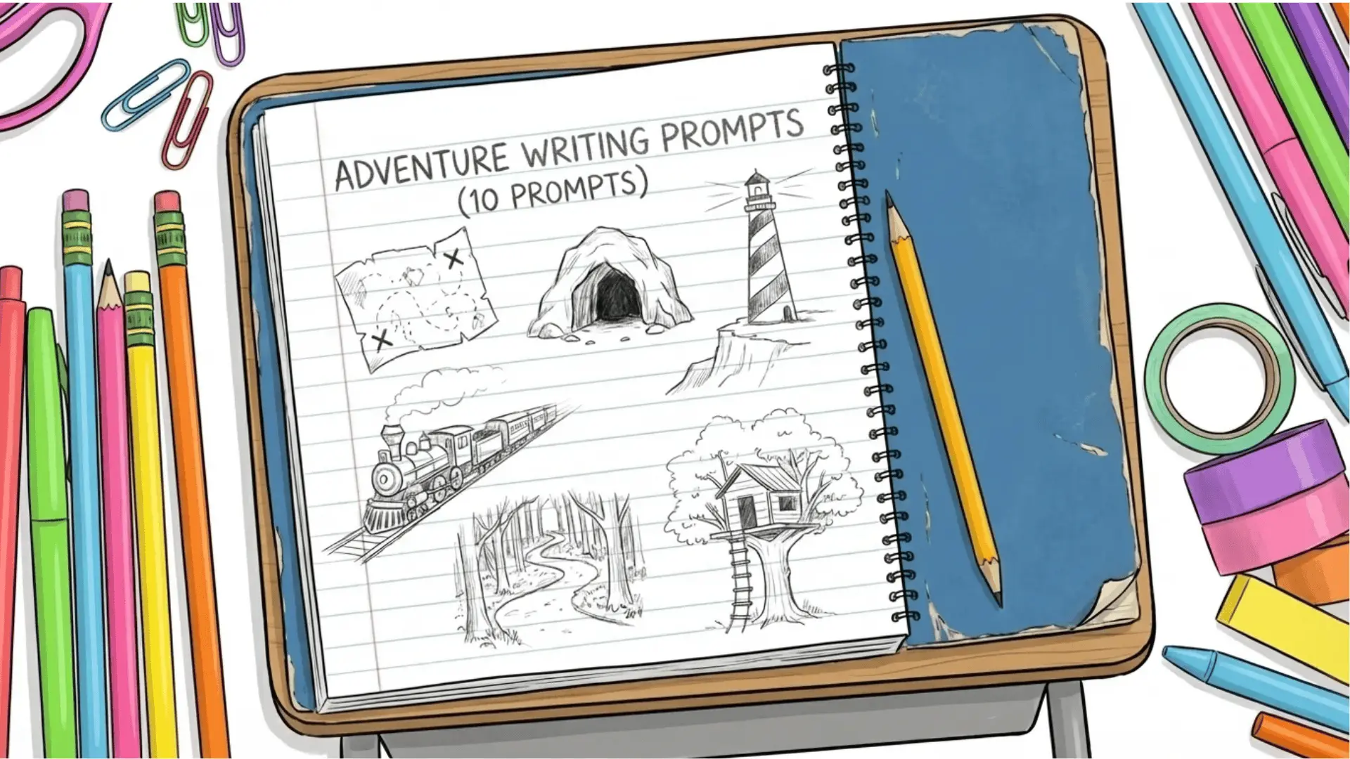 Notebook page with drawings of a treasure map, cave, lighthouse, train, forest path, and treehouse for adventure writing prompts.