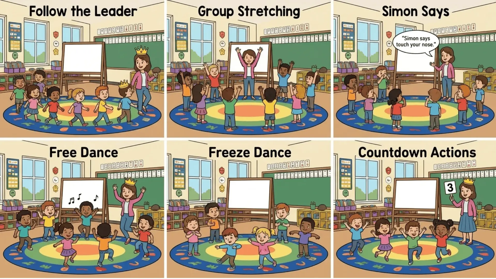 Students sitting in a circle during a classroom morning meeting with a teacher and board at the front.