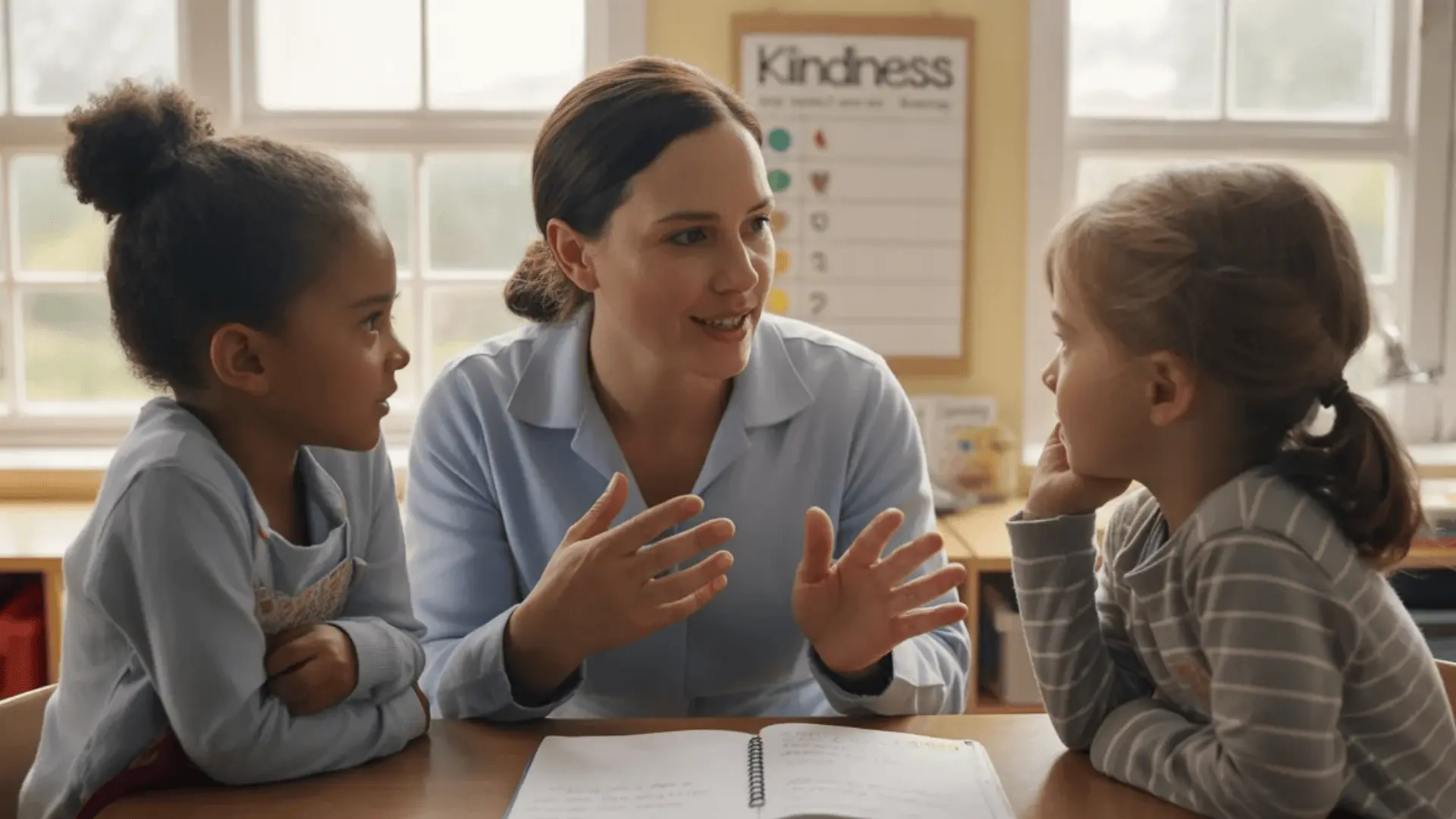 Teacher showing children a kindness chart and journal while talking together at a classroom table.