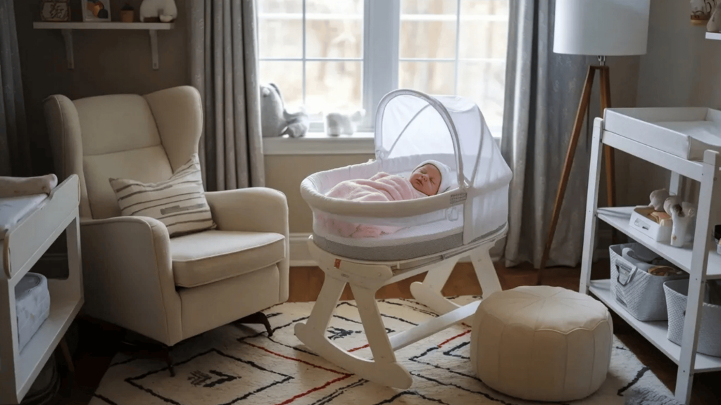 a baby peacefully sleeping in a bassinet in a cozy nursery with soft lighting and a comfortable chair nearby