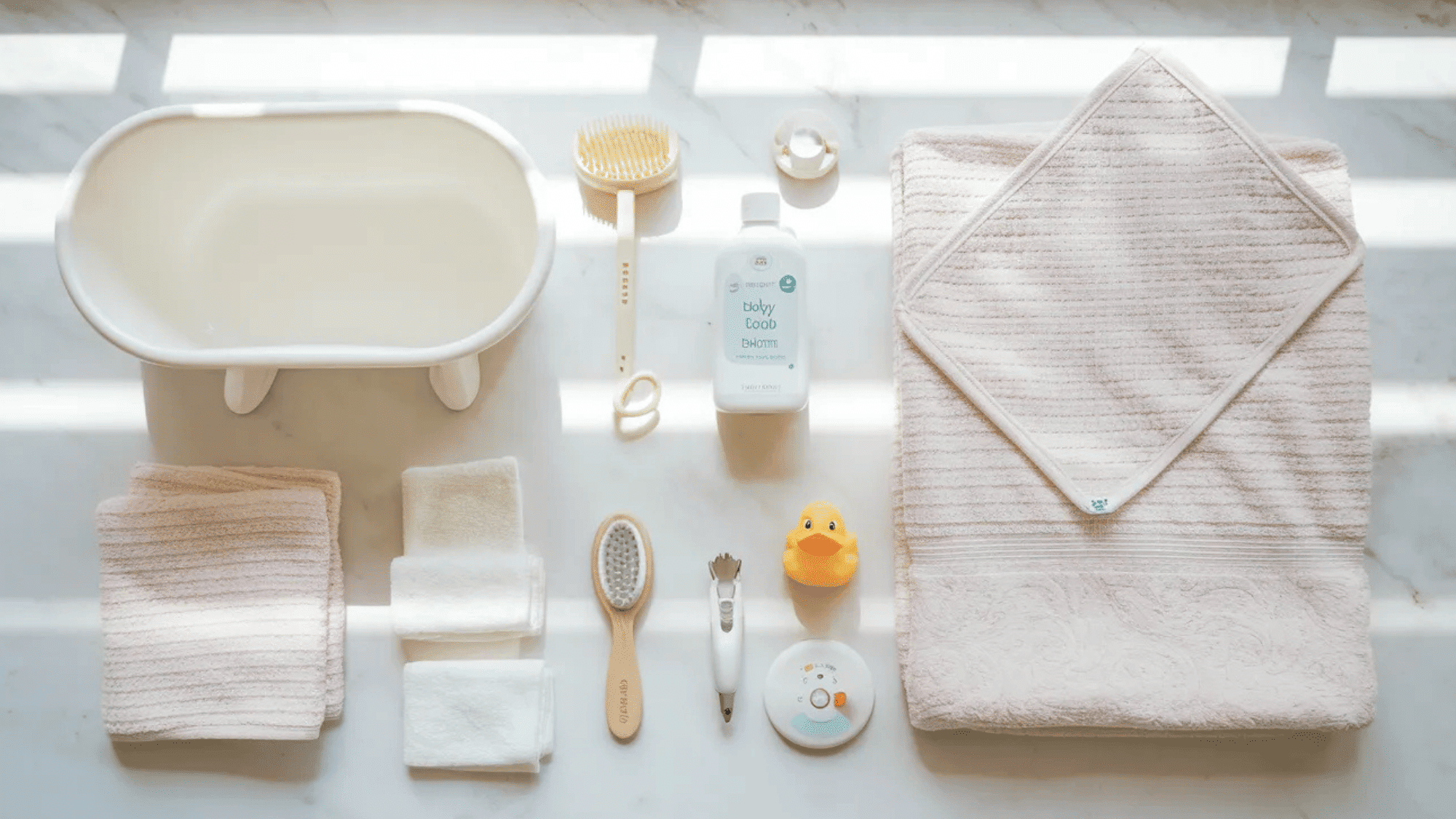 a bright, clean flat lay on a white marble surface featuring baby bath and grooming essentials