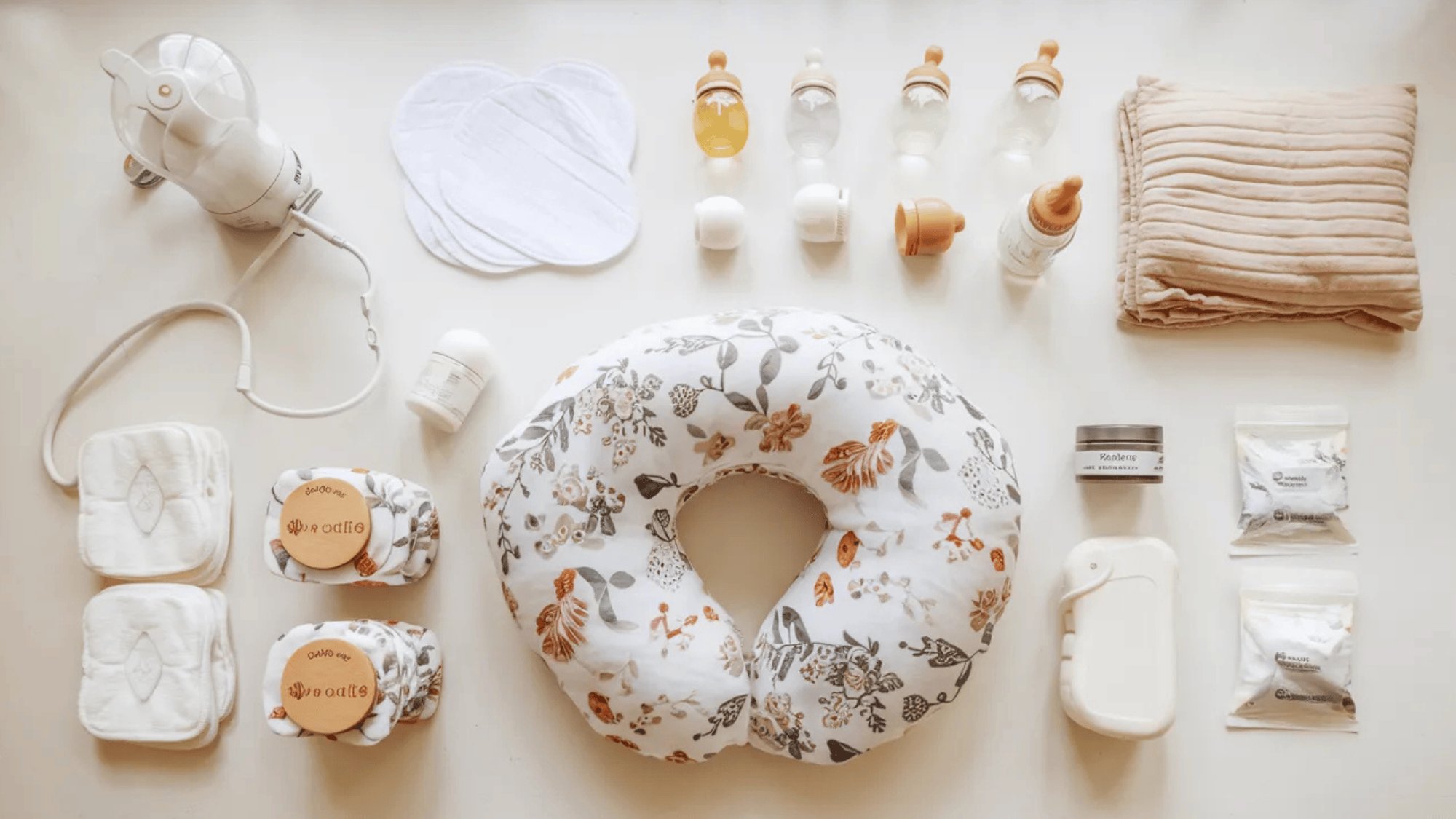 a bright, clean flat lay on a white surface featuring newborn feeding essentials