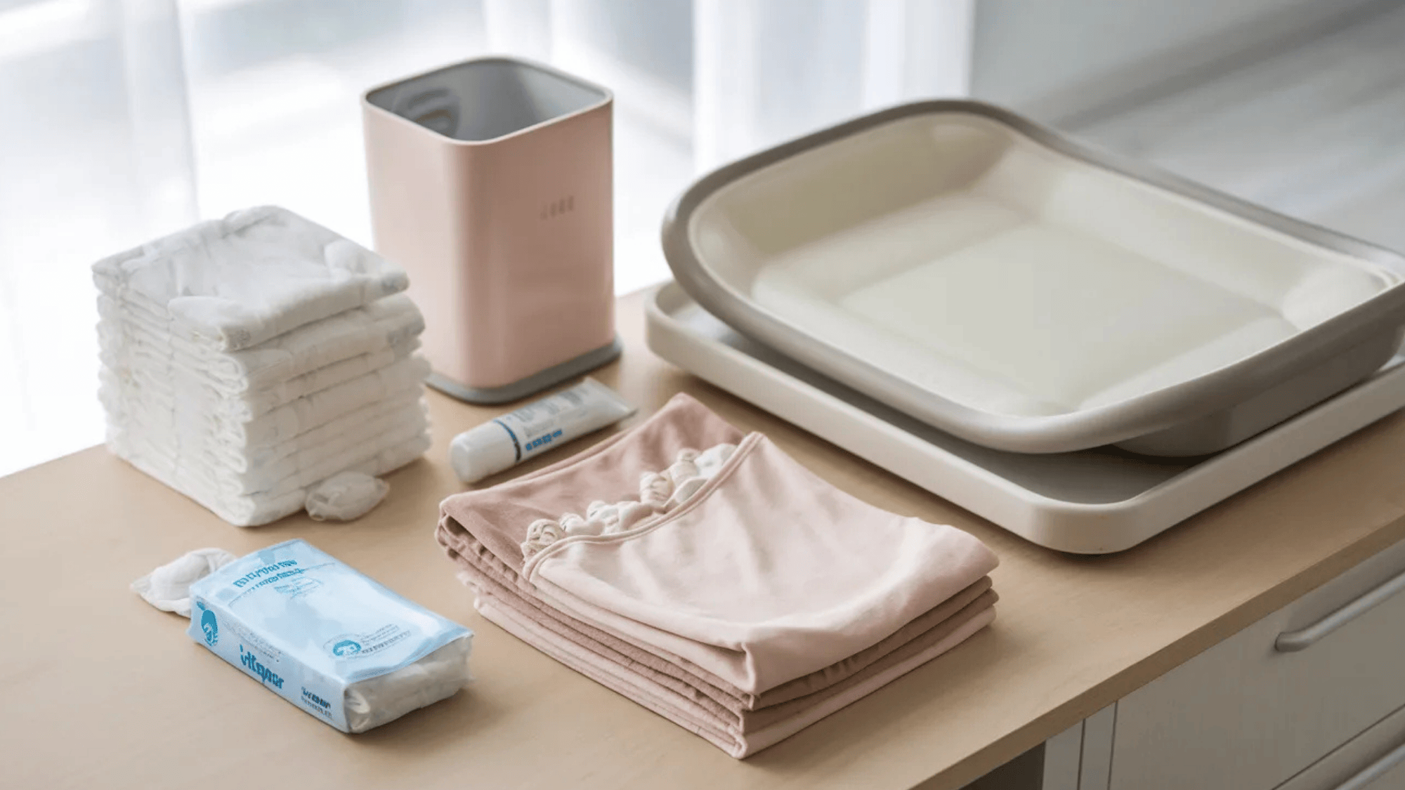 a clean, organized diaper changing station flat lay on a light wood surface