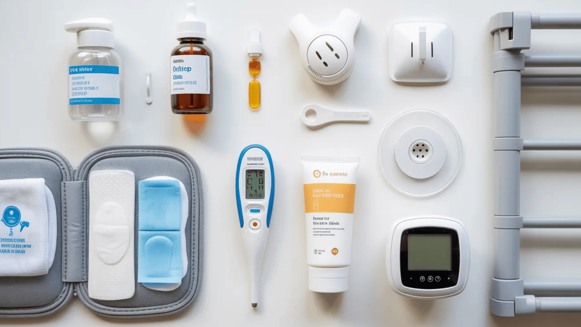 a clean, organized flat lay on a white surface featuring baby health and safety essentials