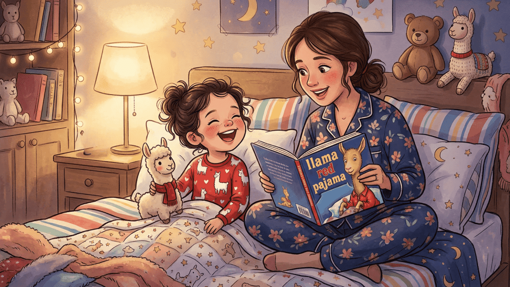 a cute girl listening and laughing on the funny bedtime story llama llama red pajama