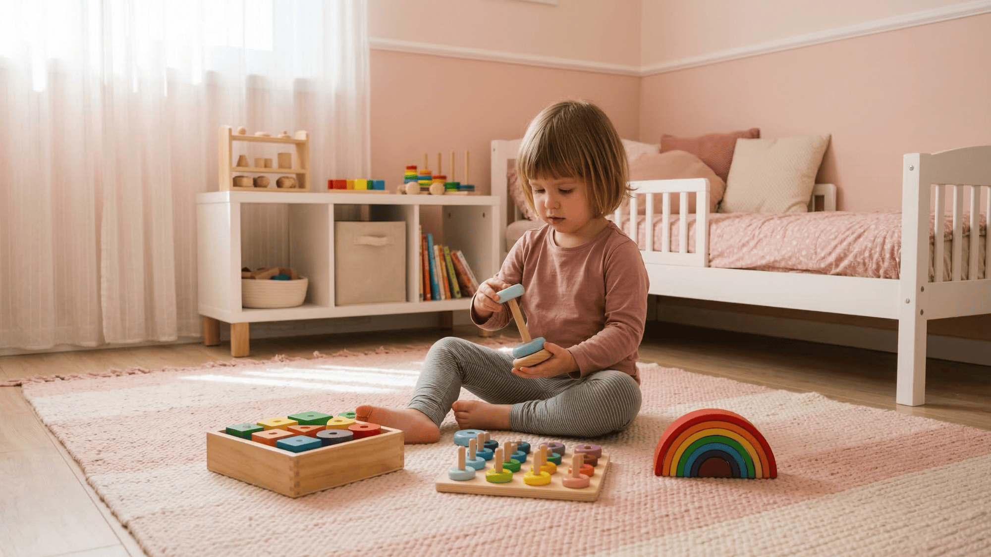 a cute girl sitting and playing with some montessori toys in a pink themed bedroom