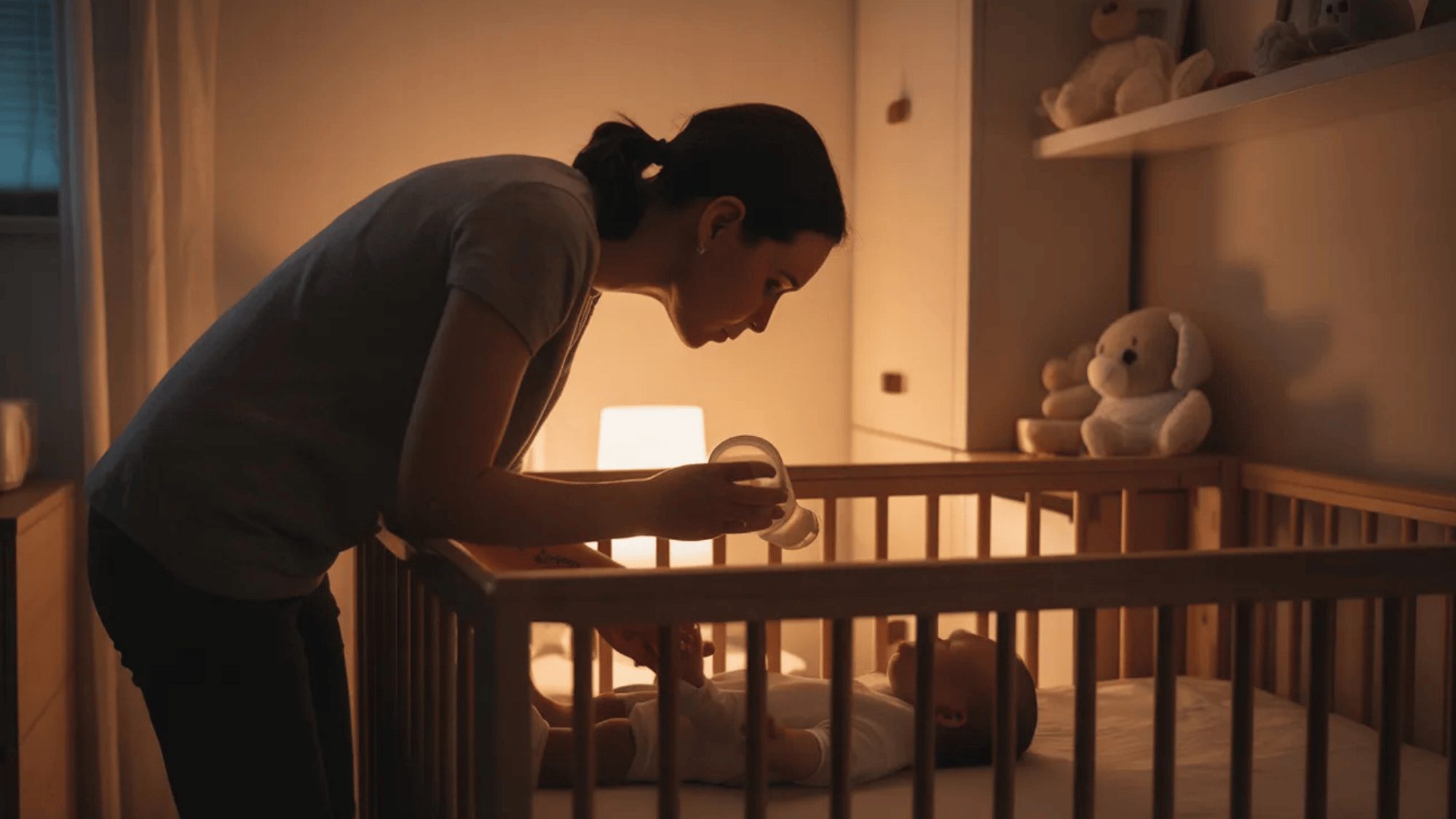 a dimly lit nursery at night, a parent leaning over a crib to offer a quiet, low-stimulation feed