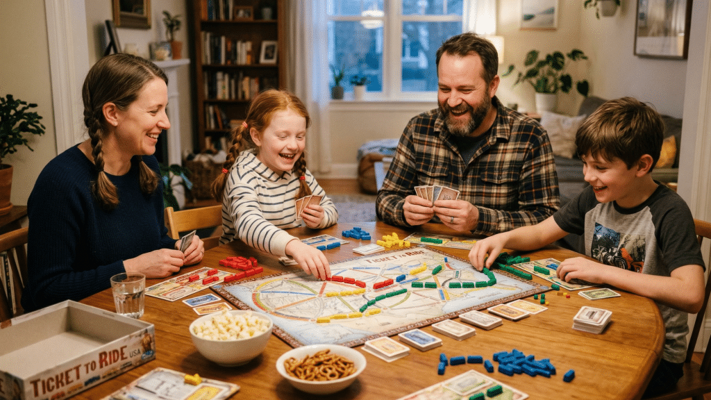 a family playing a board game of ticket to ride together