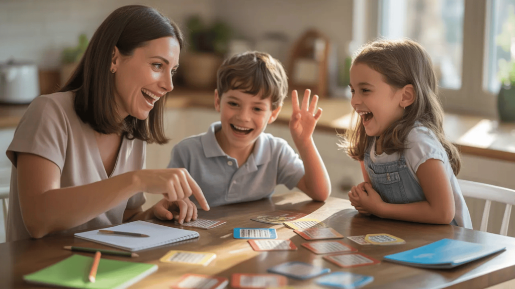 a family playing a game together, with the children celebrating and the mother holding trivia cards