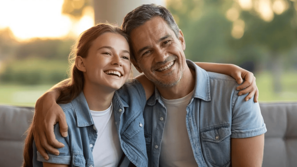 a father and daughter smiling together, enjoying a moment of happiness