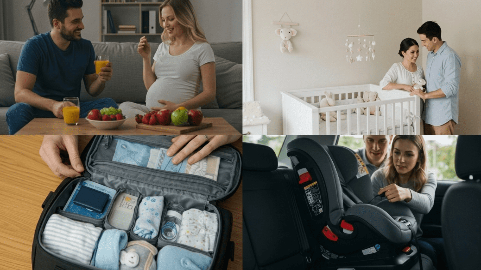 a four grid collage showing parenting preparations