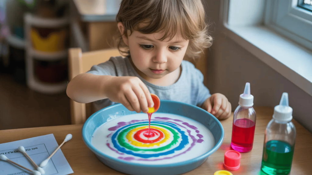 a kid doing science experiments at home with colors and milk
