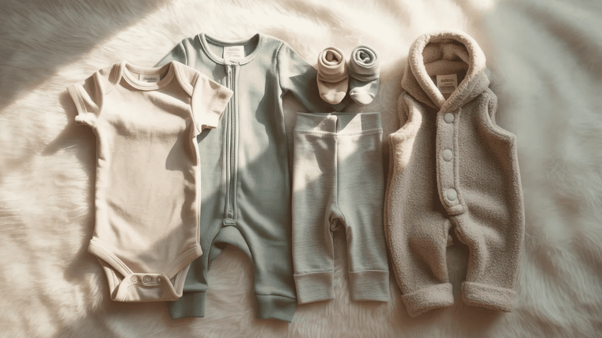 a neatly arranged flat lay of newborn clothing essentials on a soft white surface