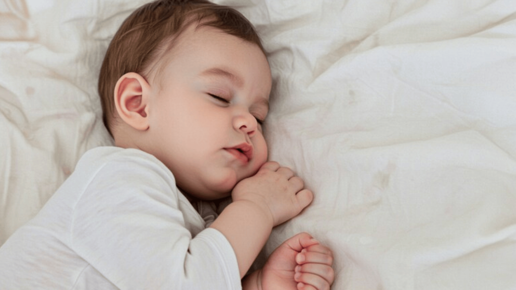 a peaceful sleeping baby lying on a white bed