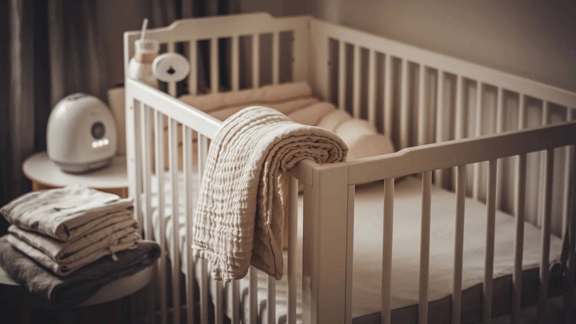 a soft, beautifully styled nursery scene featuring a white wooden crib with a firm fitted mattress