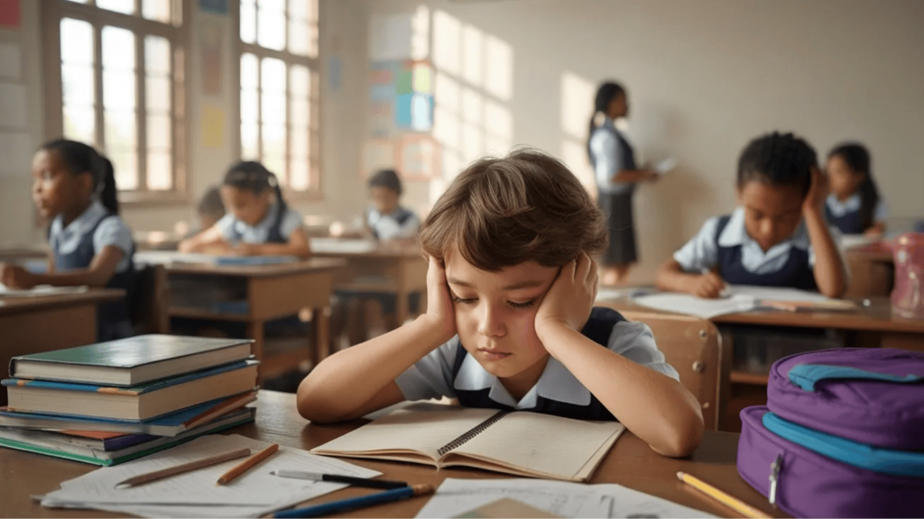 a tired boy sitting on a classroom desk with different books