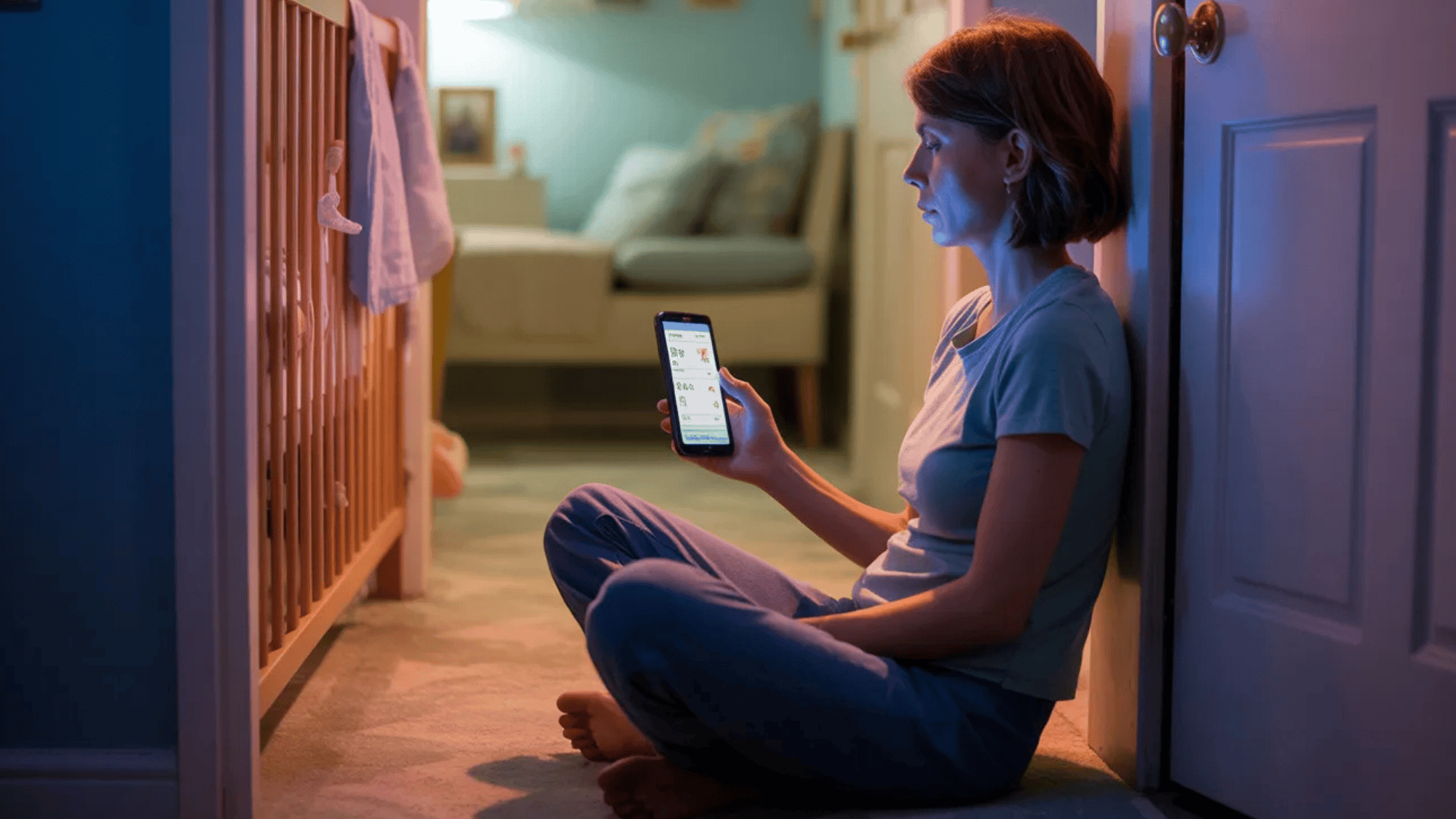 a tired but determined parent sitting outside a nursery door at night