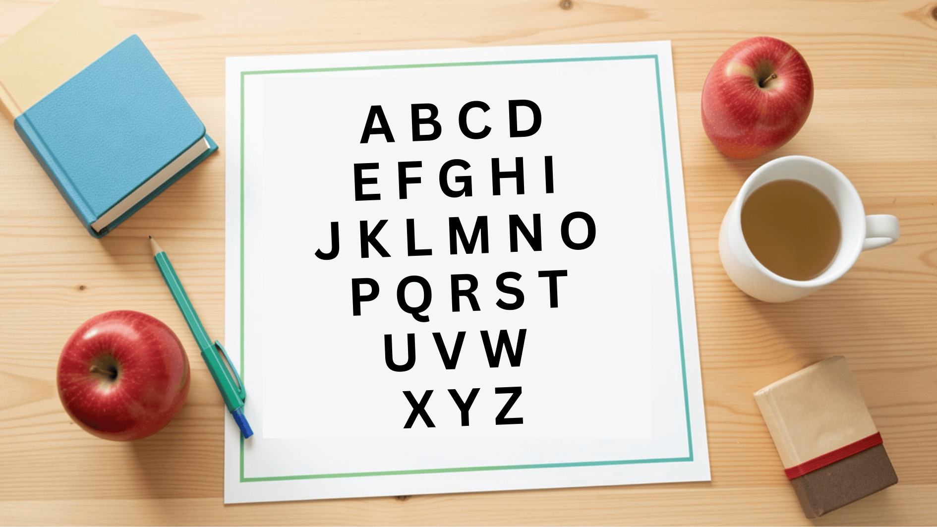 alphabet learning worksheet with a-z letters on wooden desk, surrounded by apples, notebook, pencil, coffee cup and eraser