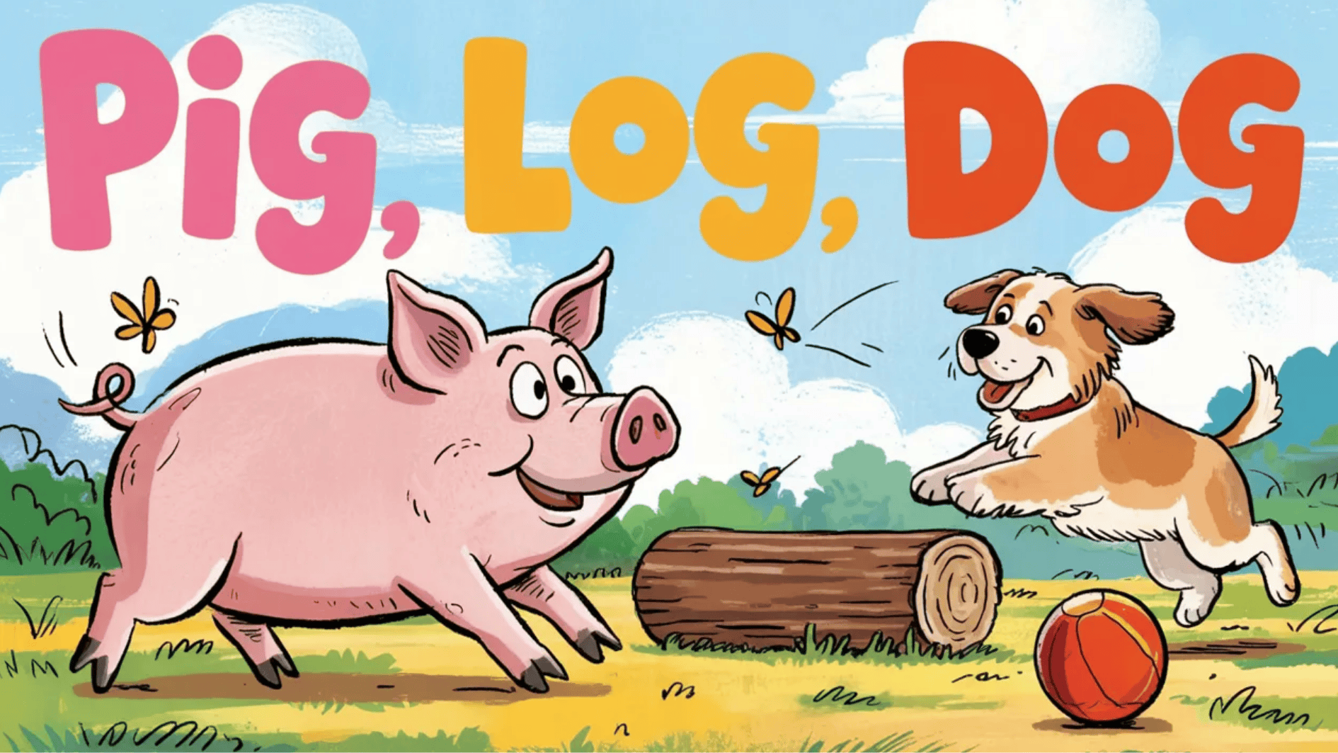 Illustration of a pig and dog playing near a log with a ball, with labeled words pig, log, and dog