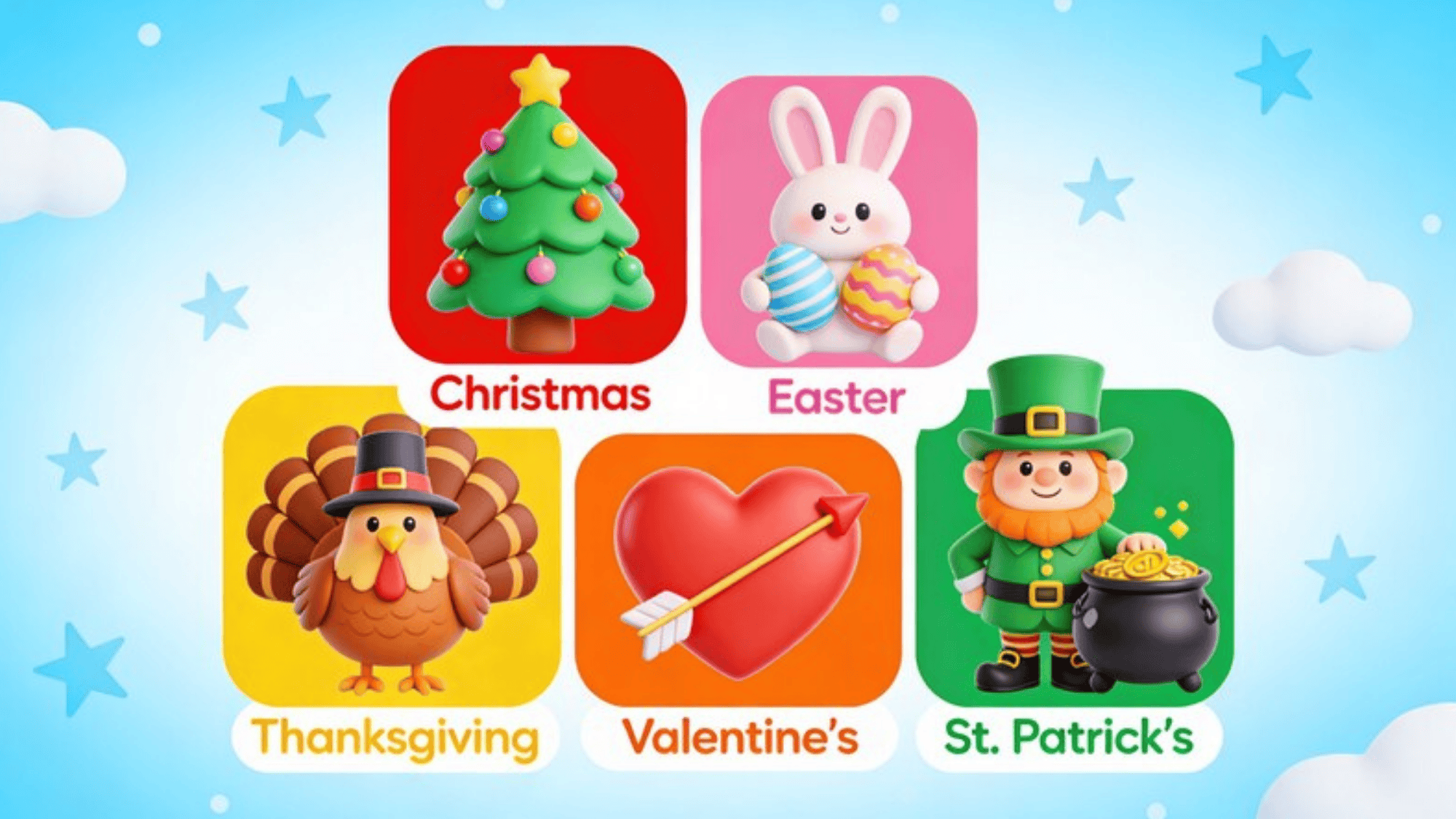 animated holidays collage for kids of Christmas, Easter, Thanksgiving, Valentines, St Patricks, bright playful icons