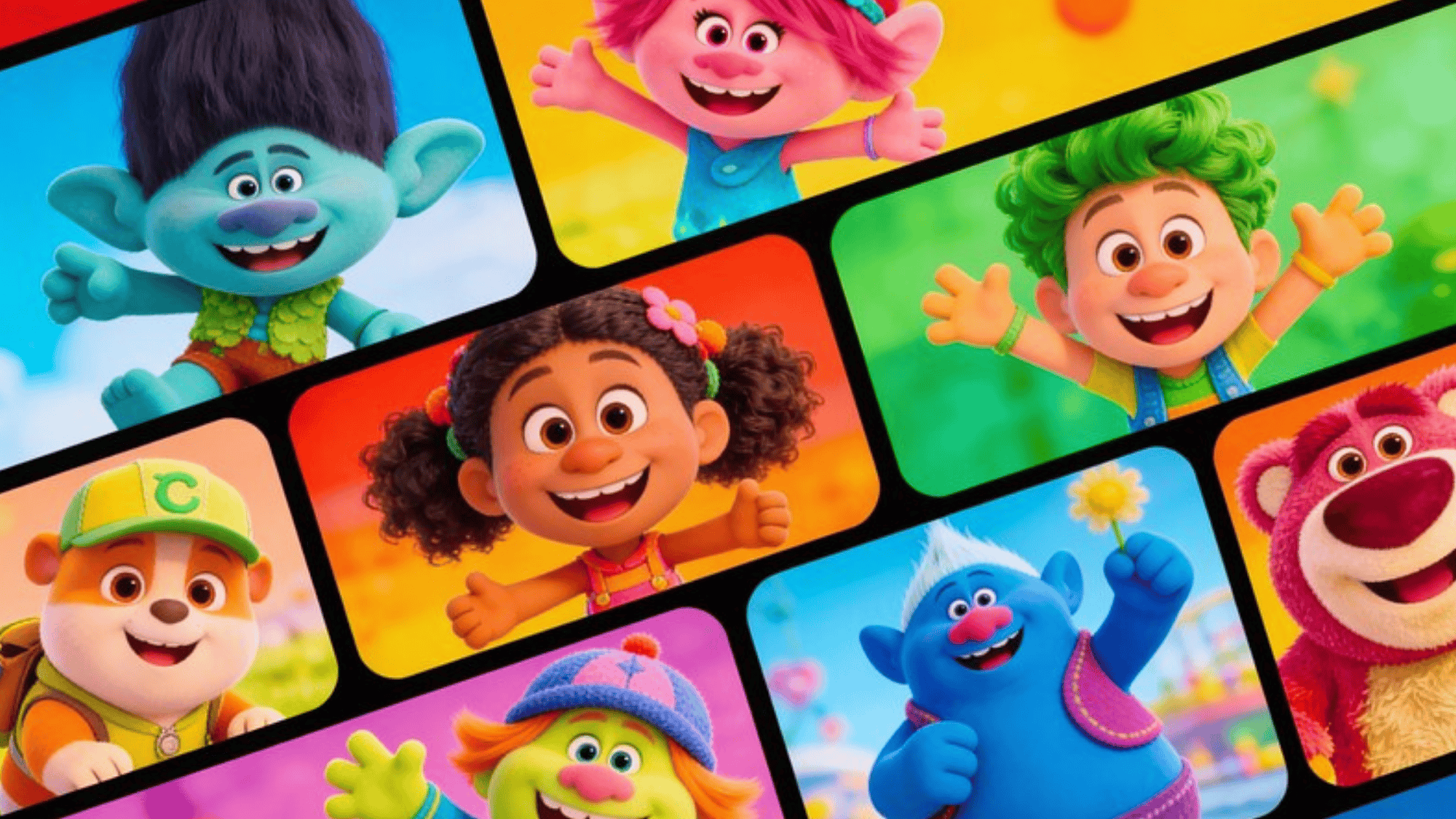 animated movies collage for kids, whimsical characters interacting, fun expressions, cheerful palette