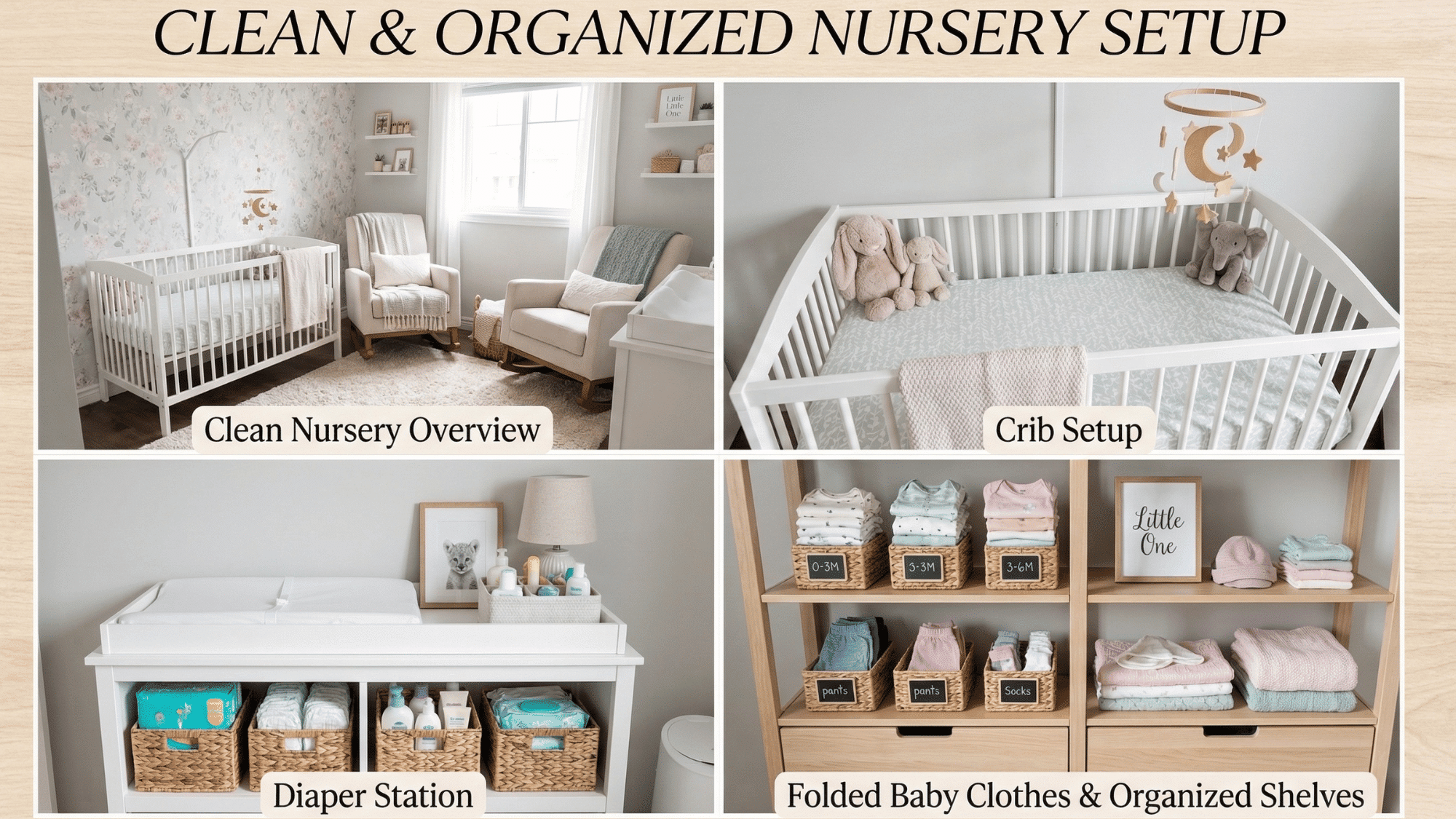 baby home setup collage with crib, diaper station and organized baby items