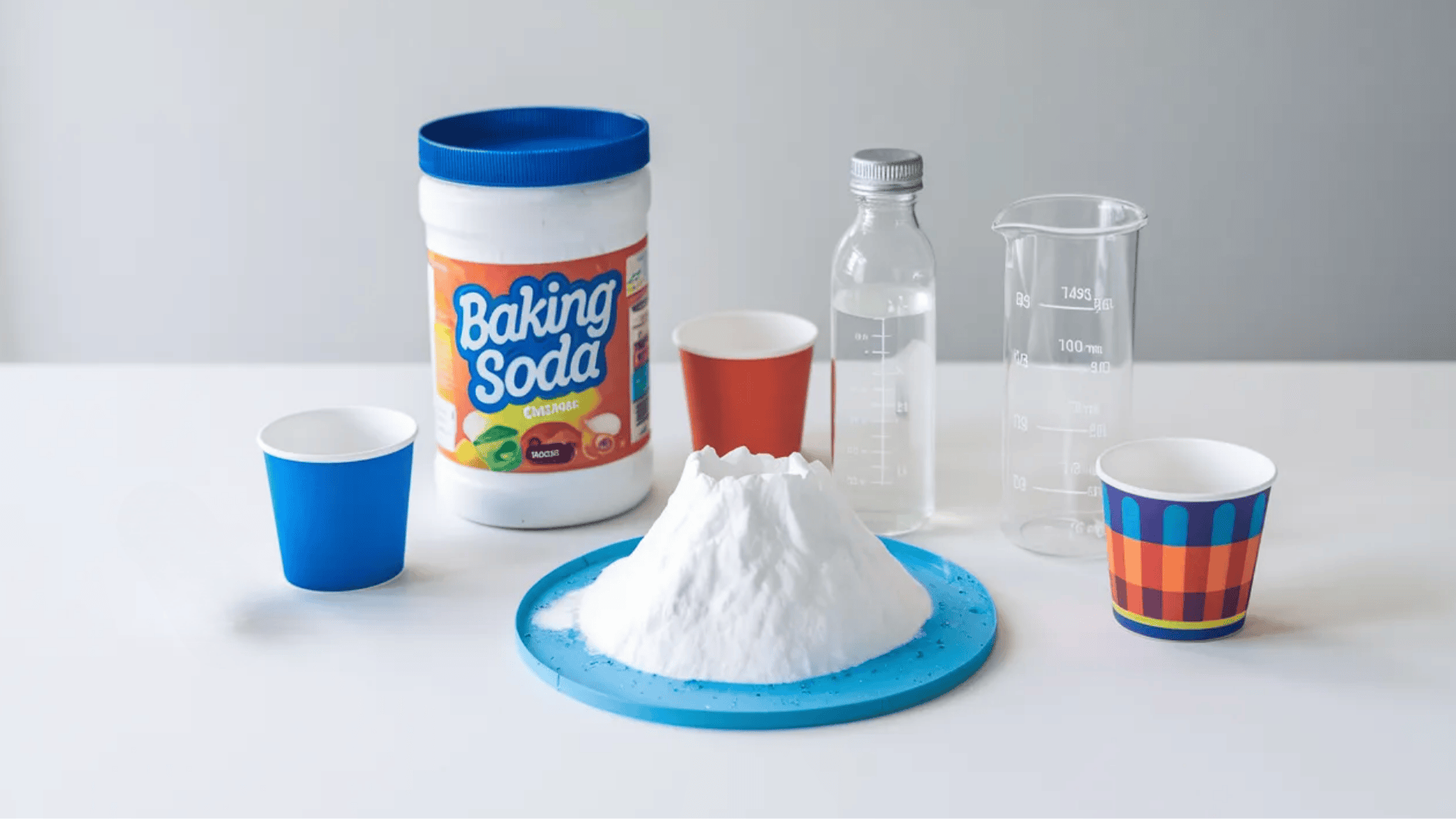 baking soda, cups, and lab beaker arranged for a simple kids science experiment on a white table