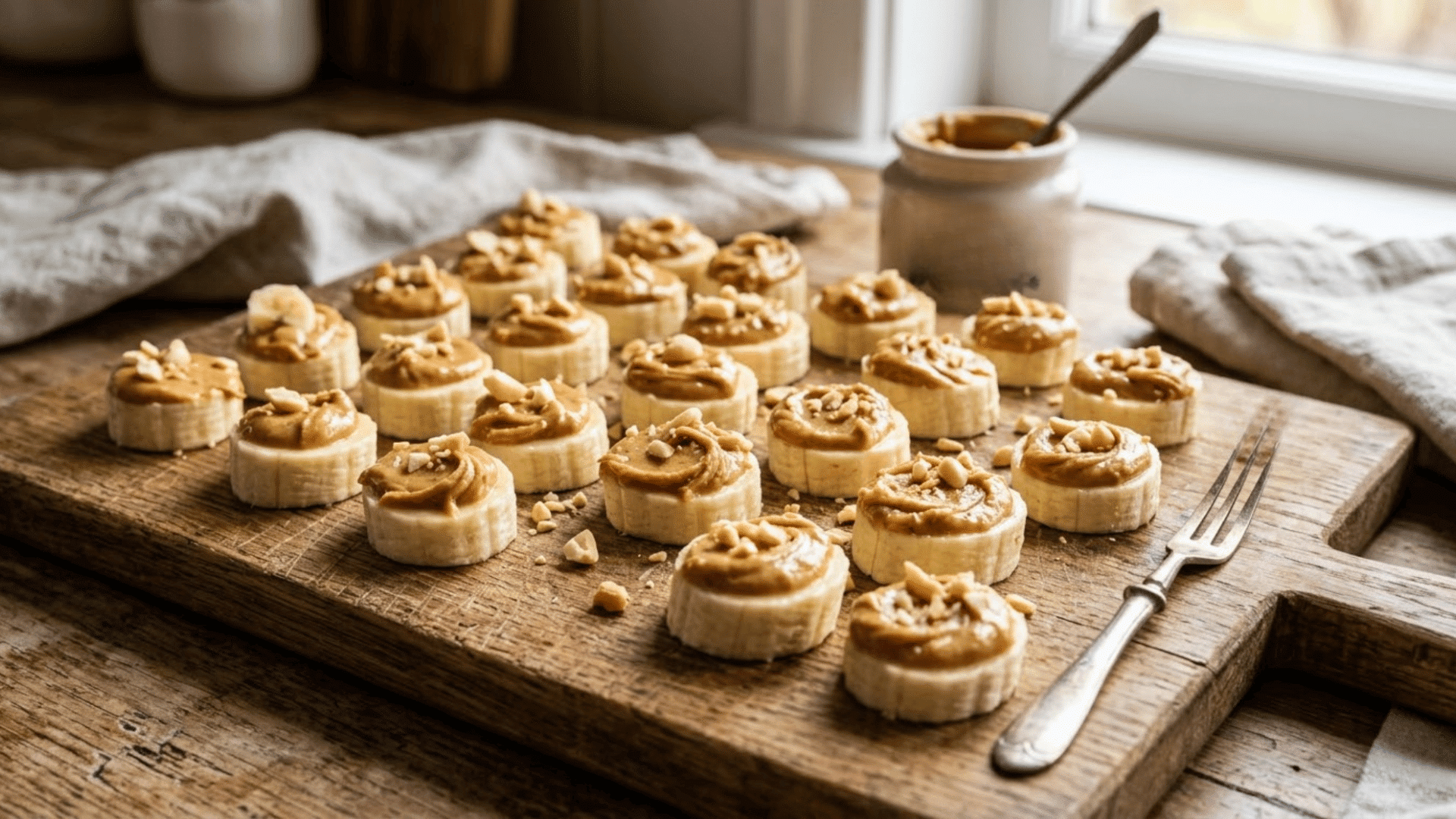 banana slices topped with peanut butter and chopped nuts, arranged on a wooden board with a jar of peanut butter nearby