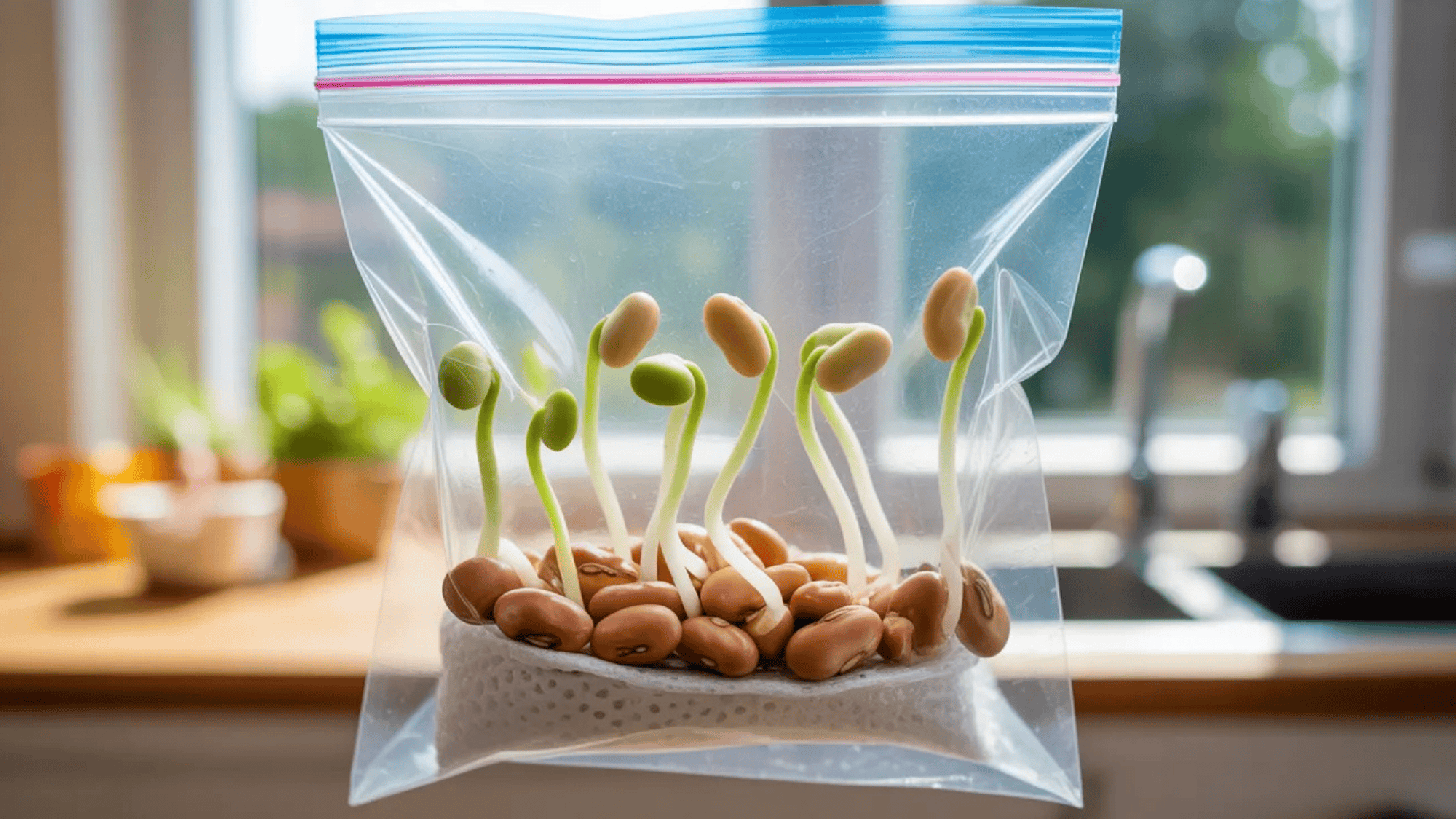 bean seeds sprouting inside a plastic bag