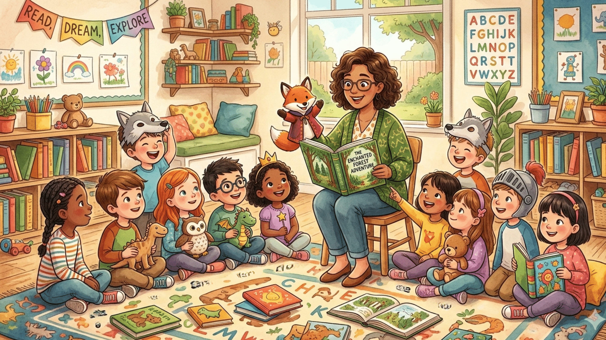 beautiful illustration of kindergarten kids reading and listening stories with props