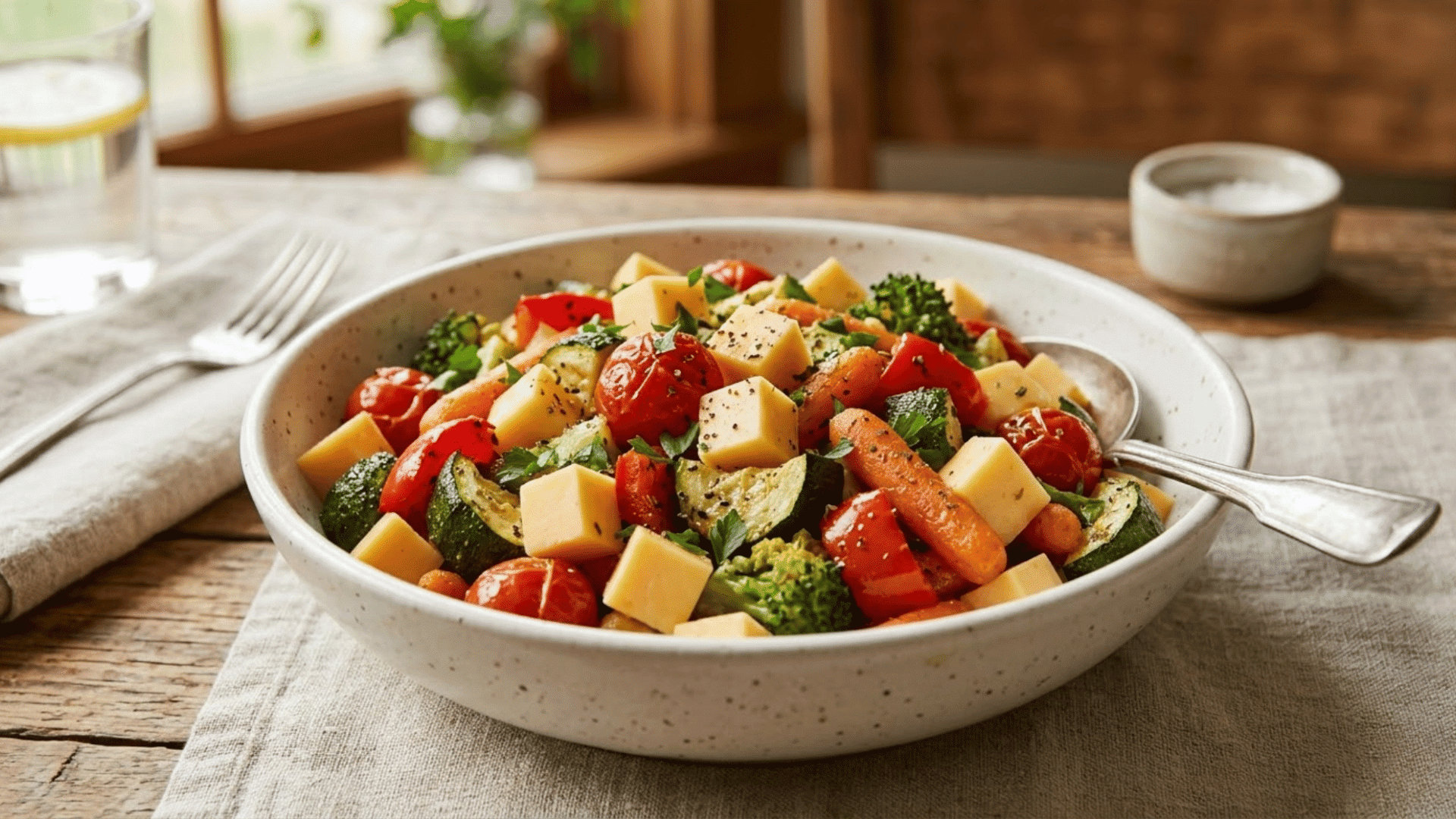 bowl of cheese cubes mixed with cooked vegetables like carrots, broccoli, and zucchini on a wooden table.
