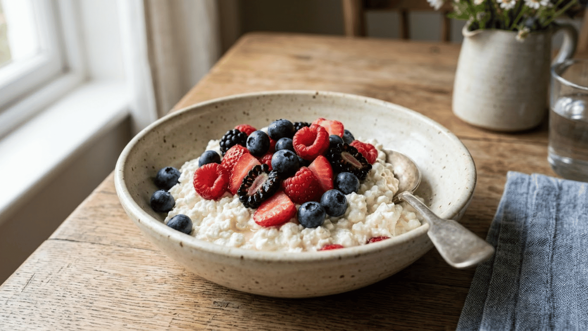 bowl of cottage cheese topped with fresh berries like strawberries, blueberries, and raspberries, served on a wooden table with a spoon and soft natural lighting