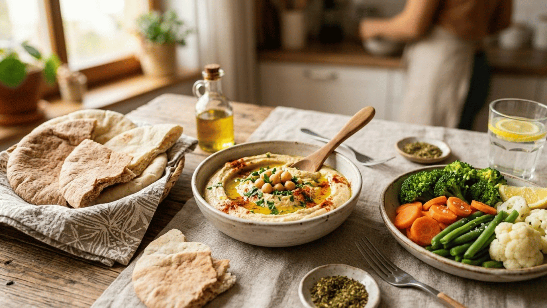bowl of hummus topped with chickpeas and olive oil, served with pita bread and steamed vegetables on a rustic table.