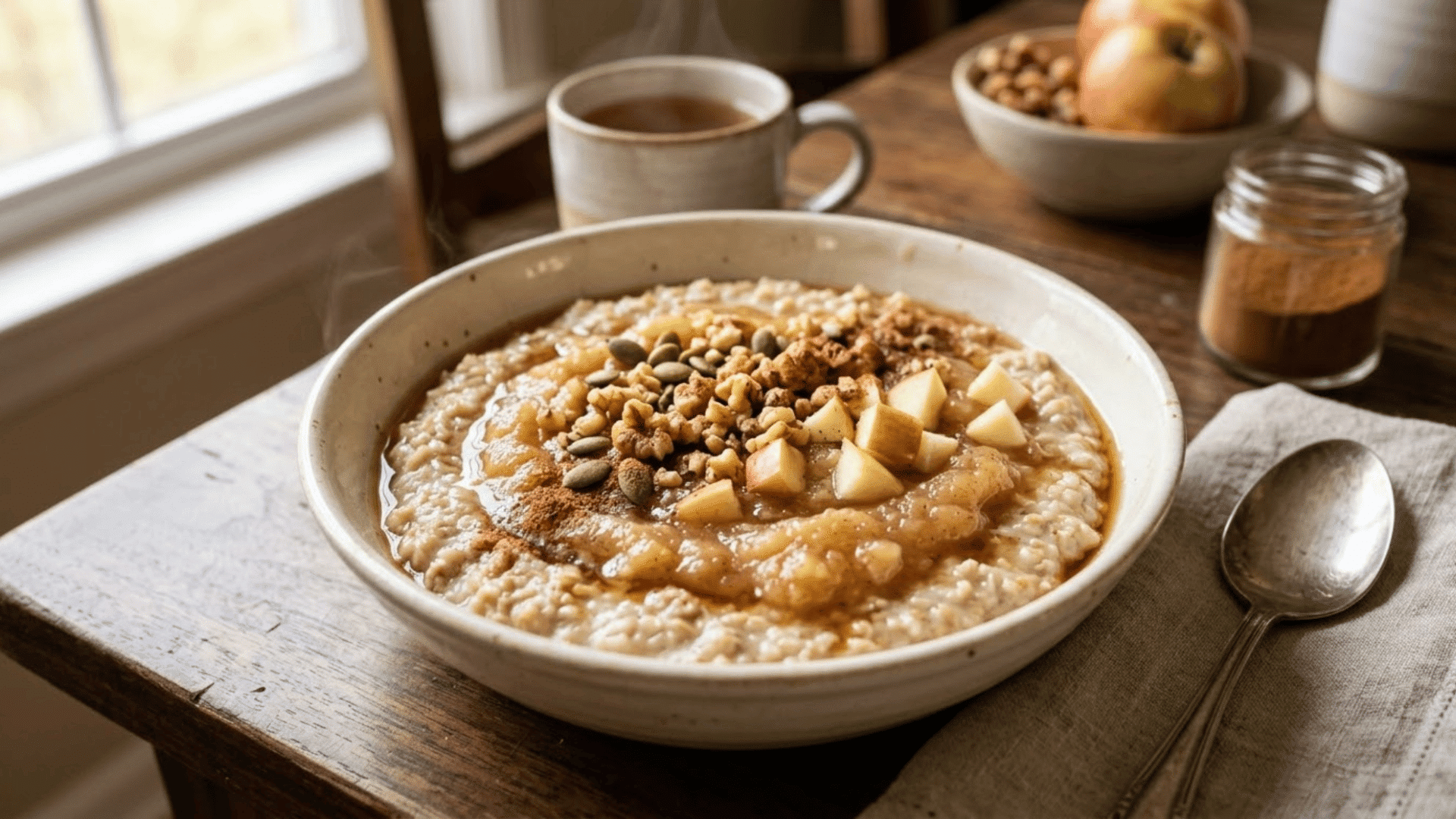 bowl of oatmeal topped with applesauce, seeds, and chopped apples, served with a spoon on a wooden table.