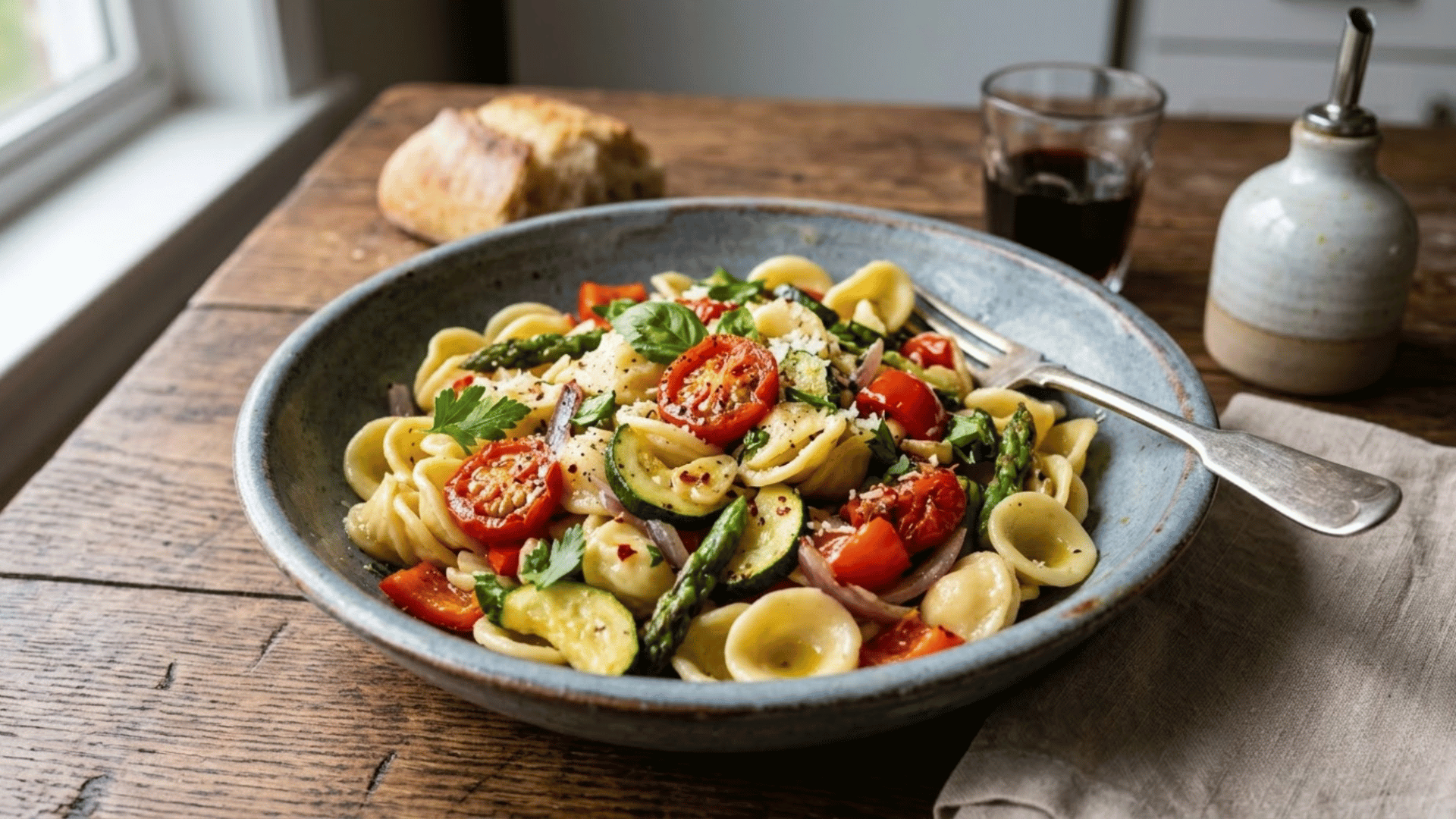 bowl of soft pasta mixed with vegetables like zucchini, tomatoes, and herbs, served on a wooden table.