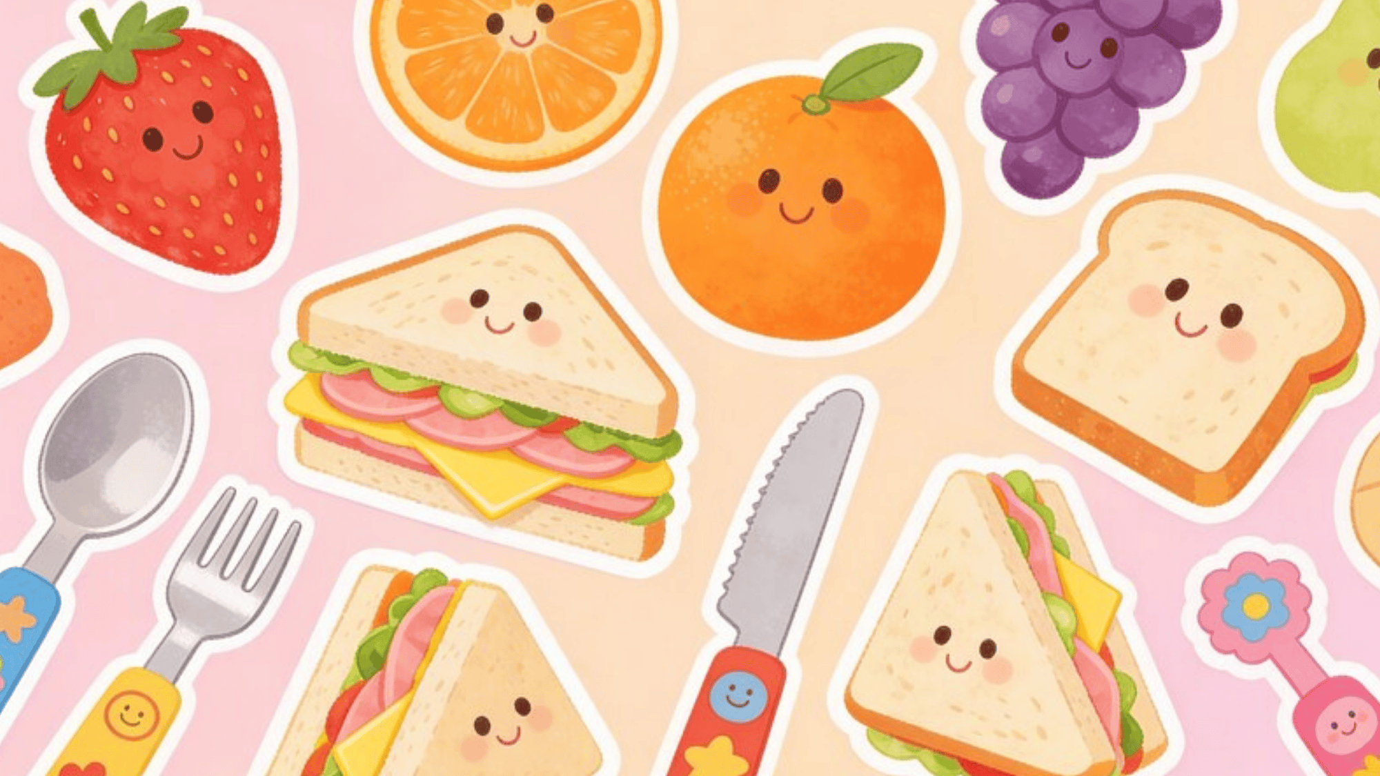 bright food collage for kids with smiling fruits, colorful sandwiches, playful utensils, pastel background