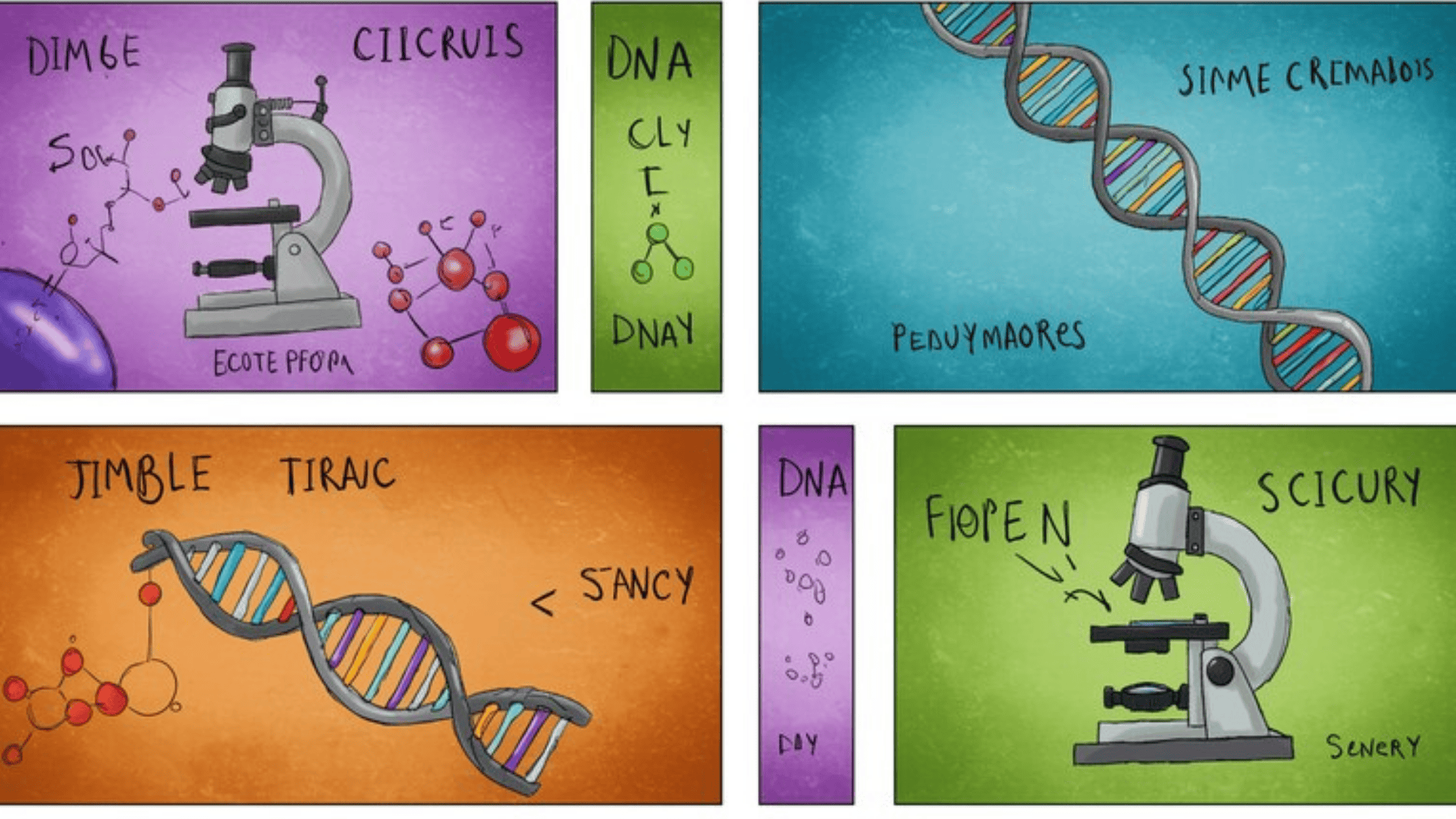 bright science collage for kids showing simple circuits, DNA helix, microscope, and whimsical labels