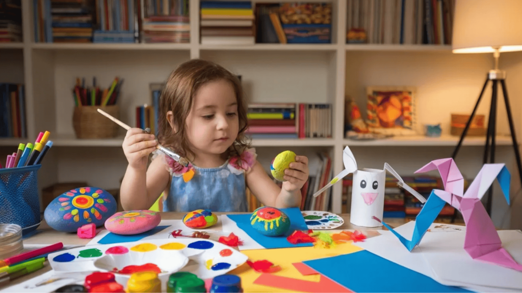 child painting colorful rocks, creating a toilet paper roll bunny, and folding origami animals